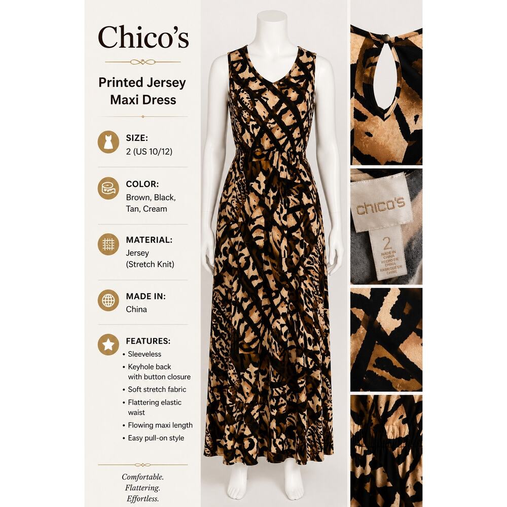 Chico’s Maxi Dress Size 2 US 10/12 Animal Print Stretch Knit Sleeveless